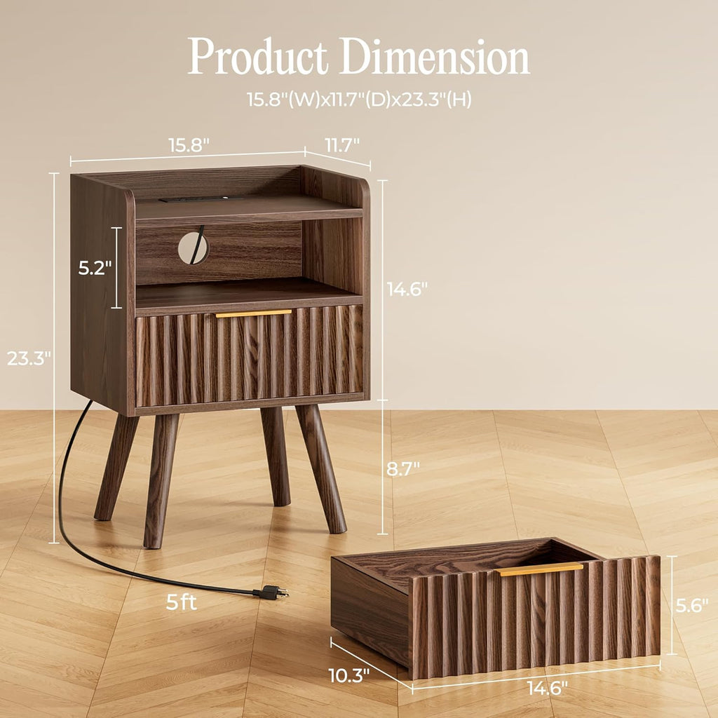 Nightstand with Charging Station, USB-C Port, Fluted Night Stand with Drawer, Bed Side Table with Solid Wood Feet