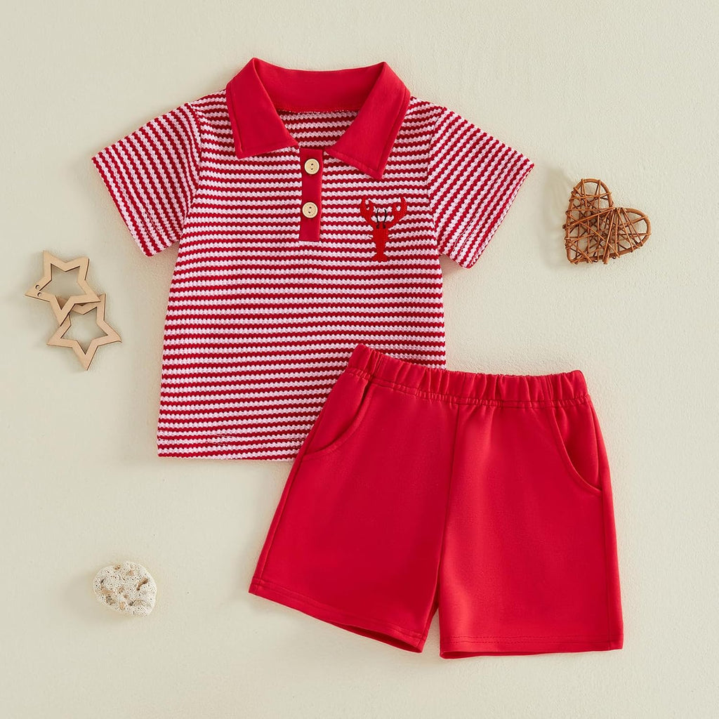 Baby Boy Outfit Embroidered Short Sleeve Collared Shirt and Shorts 2Pcs Set