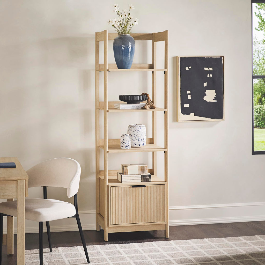 Transitional Reeded Narrow Open Bookshelf with Drawer on Bottom, 4-Shelf Bookcase with Bottom Storage, 22"W x