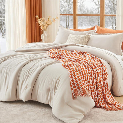 Queen Comforter Set Beige, 3 Piece Solid Bedding for All Seasons