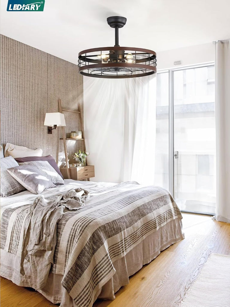 22" Caged Fandelier Ceiling Fan with Lights, Remote, Walnut