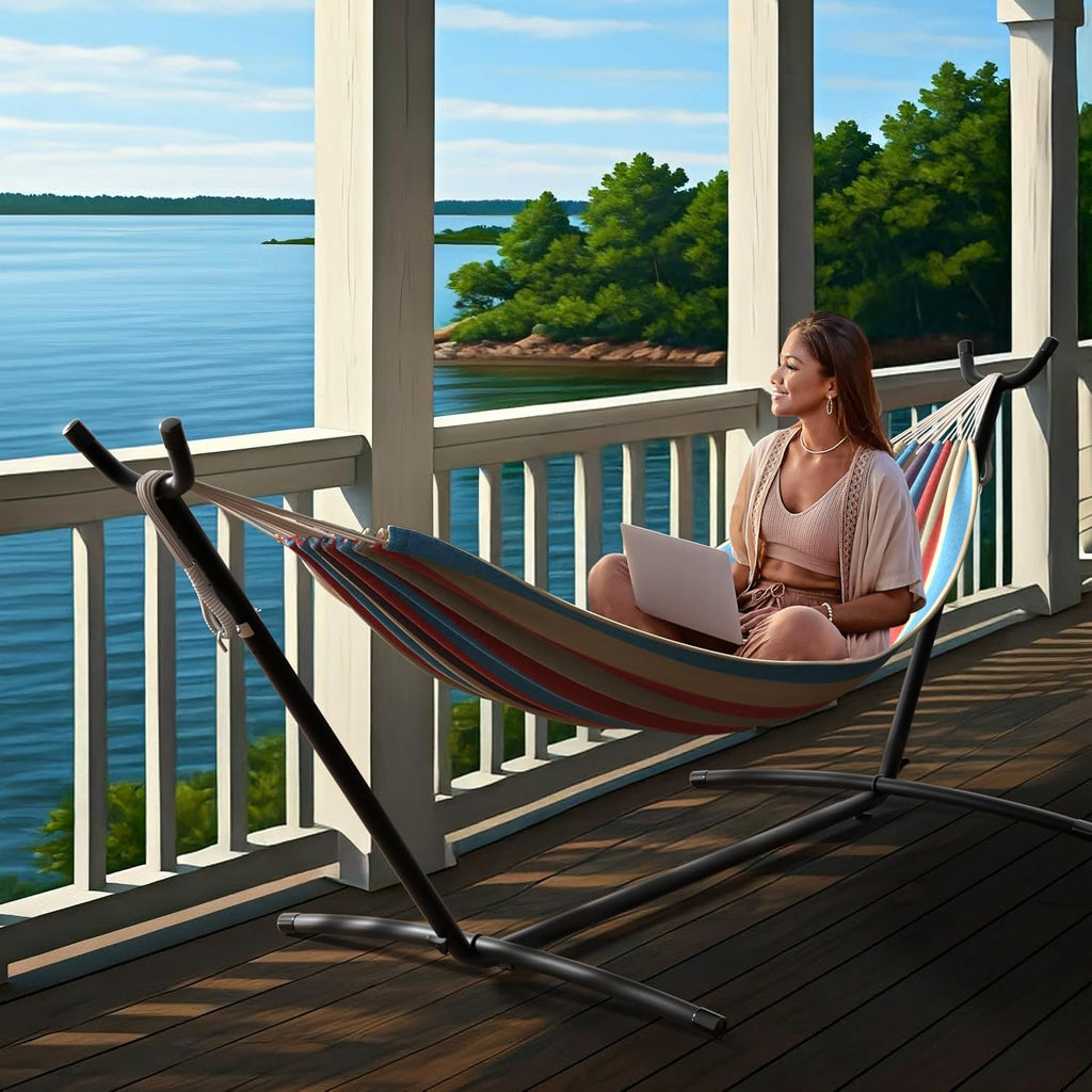 2-Person Luxury Hammock with Steel Stand- Premium Cotton Blend 60" Large Bed- Heavy Duty 450lbs Portable w/Carrying
