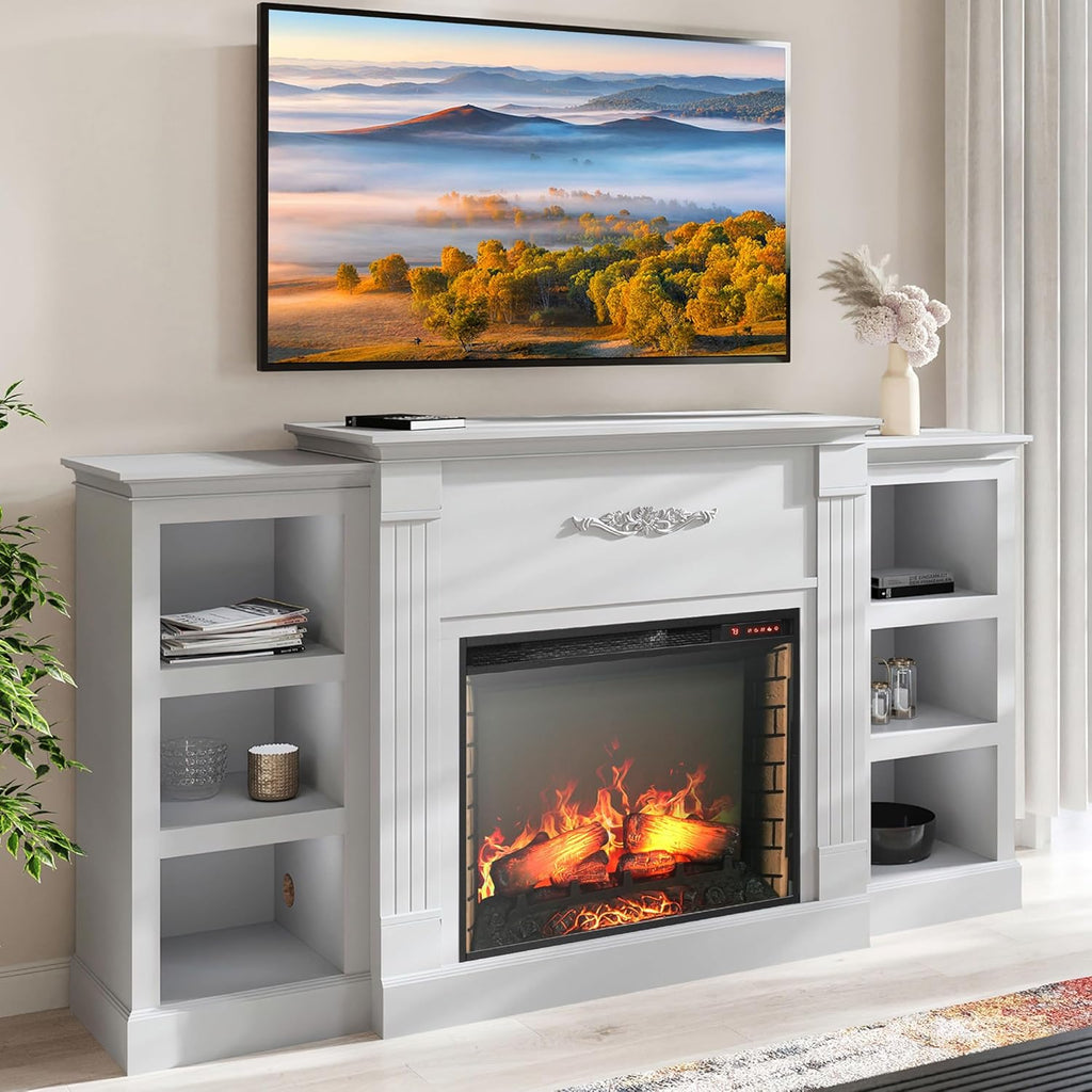 Modern 70" Electric Fireplace Heater Mantel TV Stand & Media Entertainment Center for TVs up to 68" with