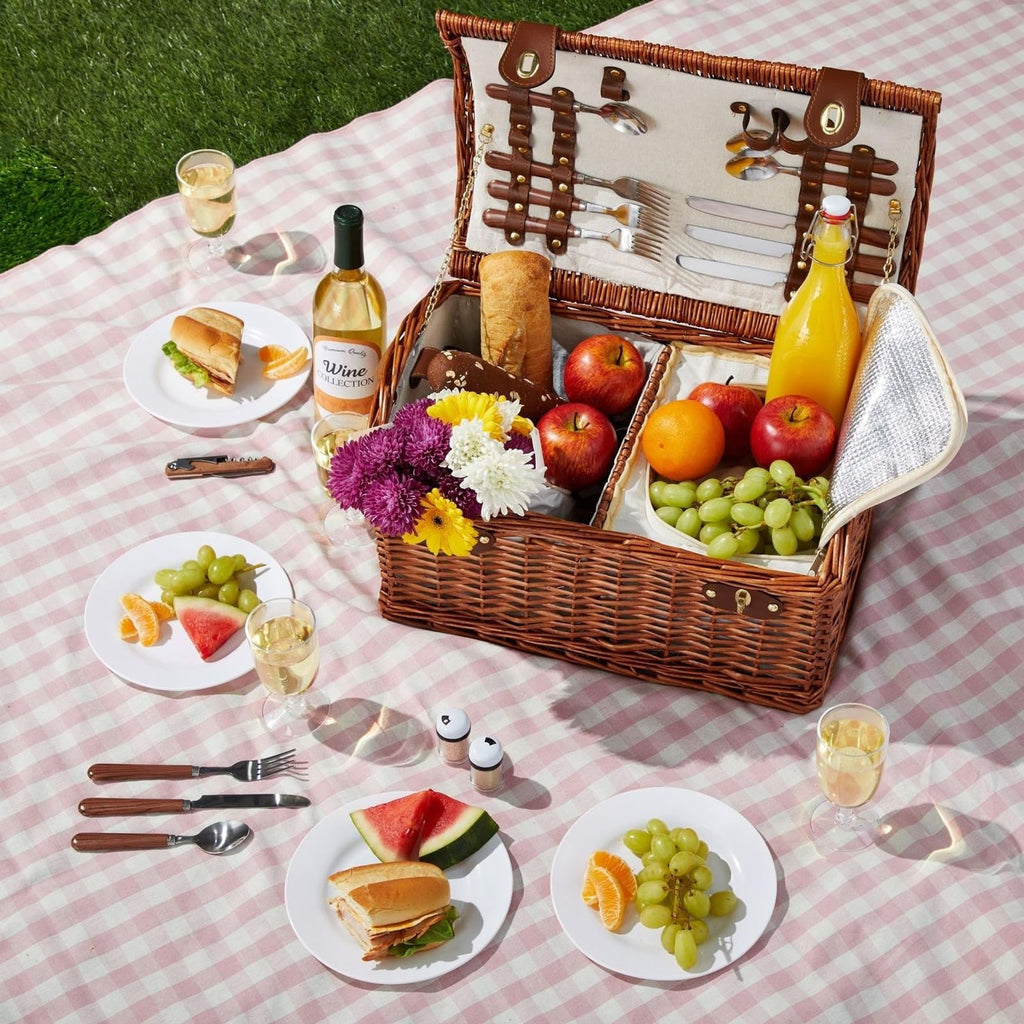 Picnic Basket for 4 People - 18.1 x 12.2 x 10.2 Inches, Brown, Classic - Complete Wicker Picnic Basket Set with