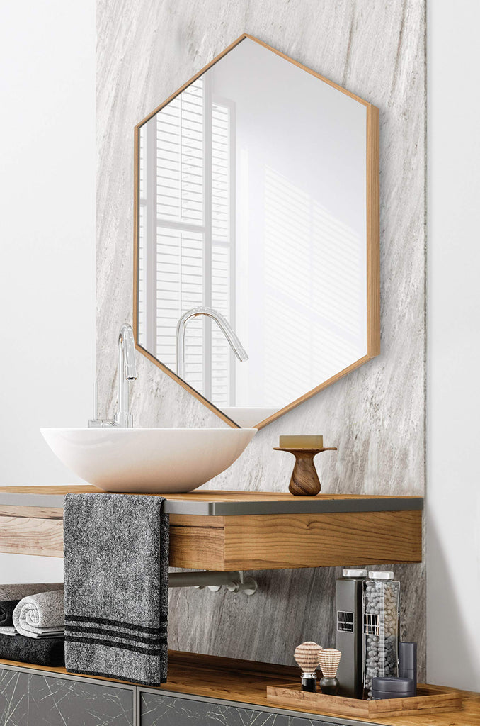 Rhodes Modern Hexagon Wall Mirror, 22 x 31, Natural Teak, Chic Geometric Mirror for Wall