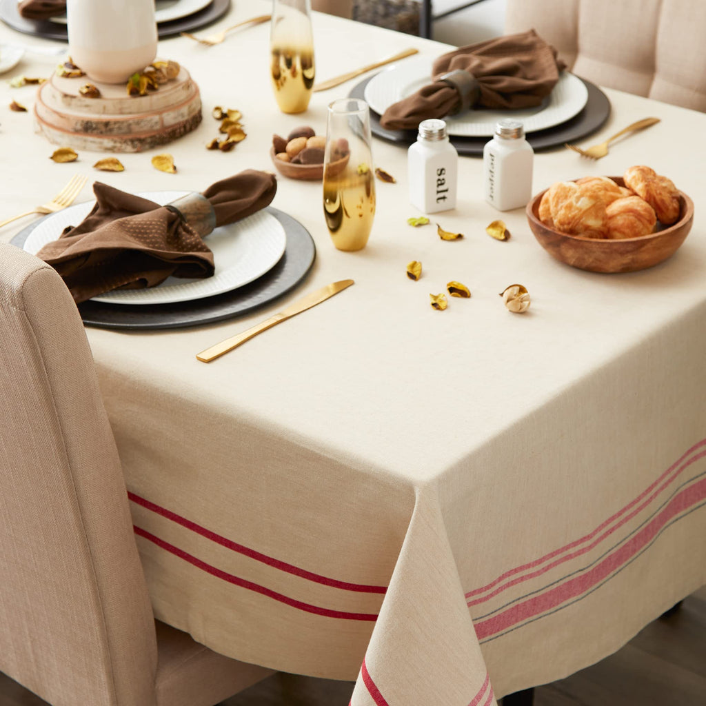 French Stripe Tabletop Collection Farmhouse Style Dining Table Linen Tablecloth, 60x120, Taupe/Red