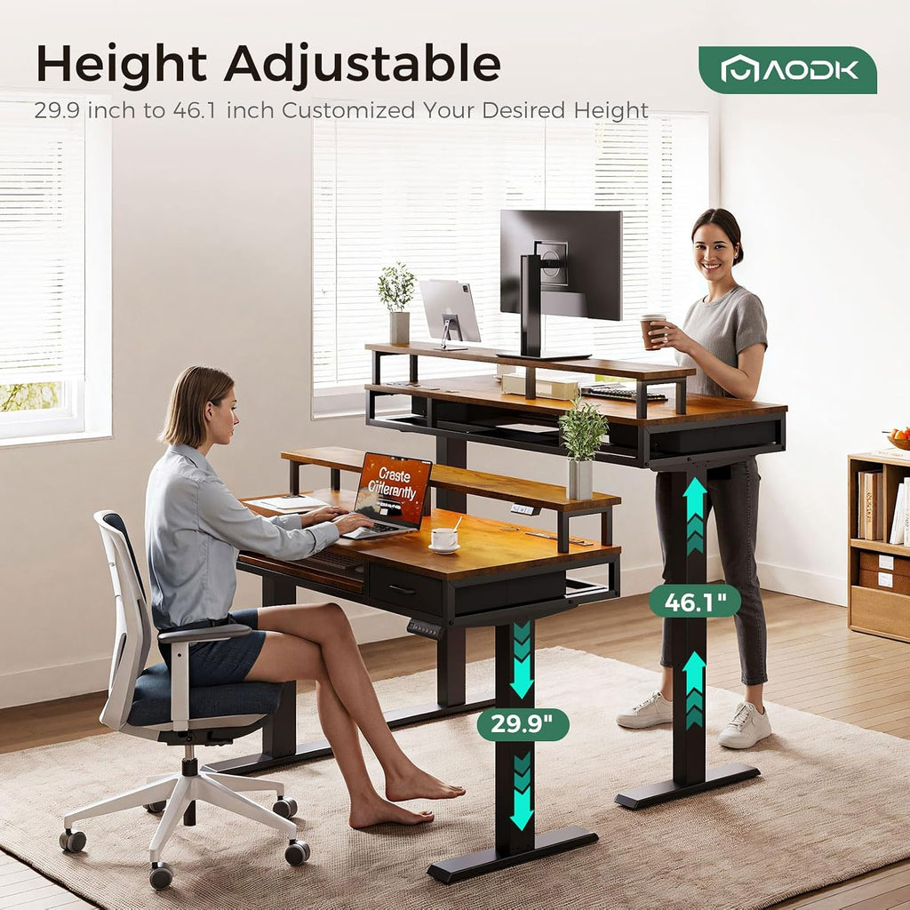 55 Inch Standing Desk with Drawers & Keyboard Tray, Rustic Brown | Power Outlet, LED Lights, Monitor Stand, Cable