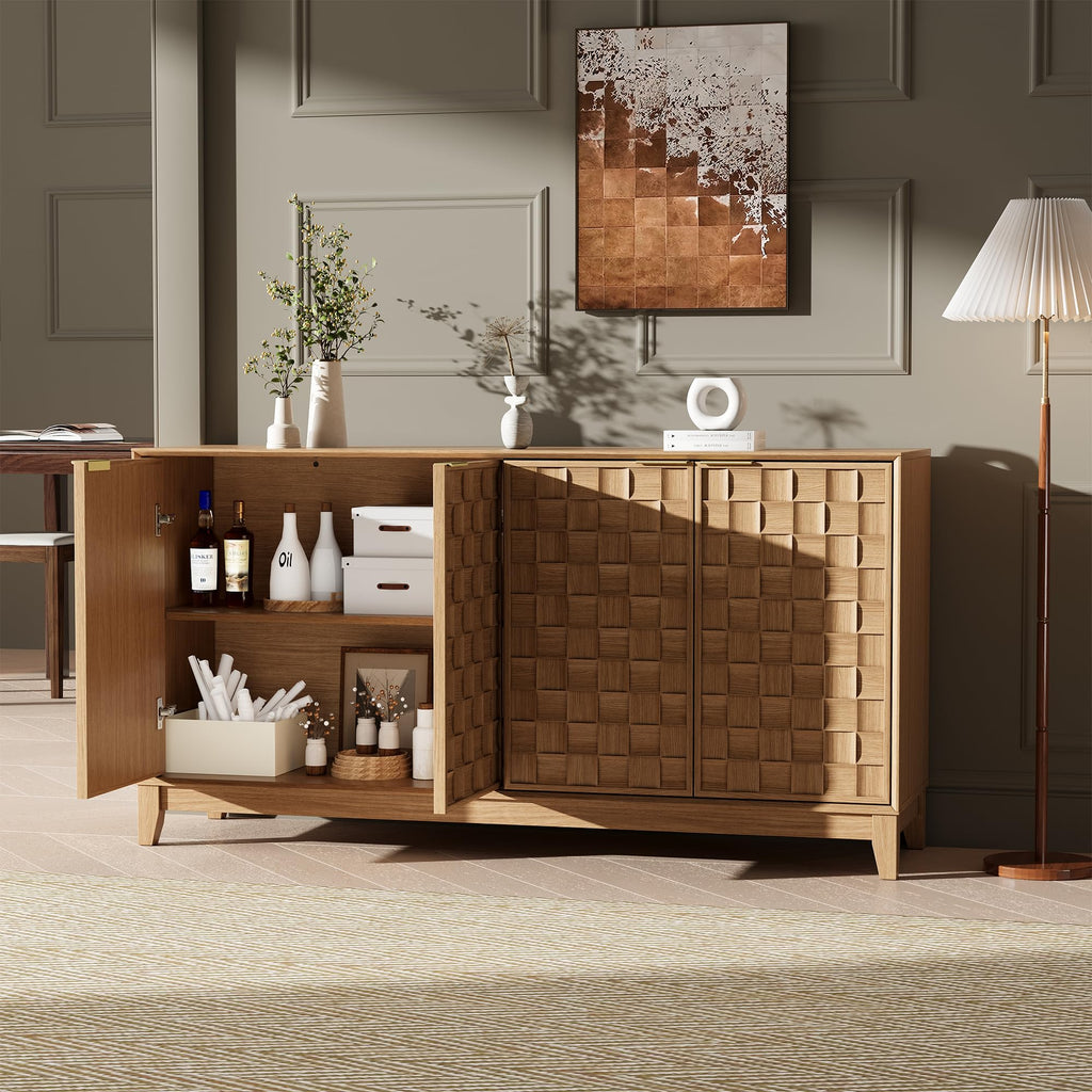 Fluted Sideboard Buffet Cabinet with Storage, 59" Wood Buffet Table with 4 Doors & Adjustable Shelves, Kitchen Dining