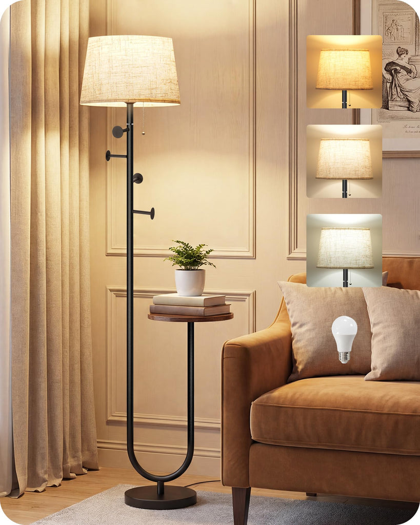 Floor Lamp with Table, Modern Standing Lamp with Shelf and Coat Rack, 3 Color Temperature Bulb Included, Side Table