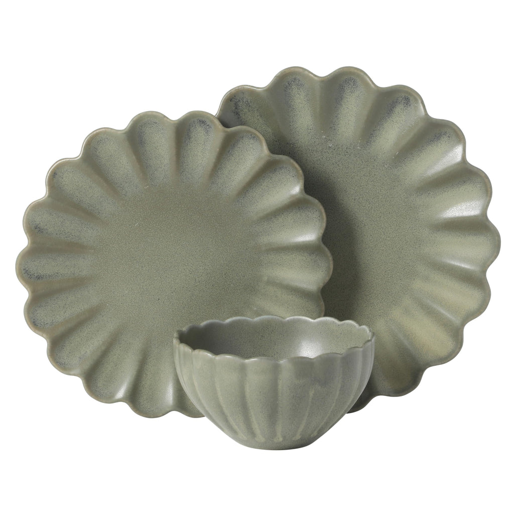 Bistro Fleur Plates and Bowls Sets, 12-Piece Stoneware Dinnerware Set for 4, Matte Green Scalloped Dish Set