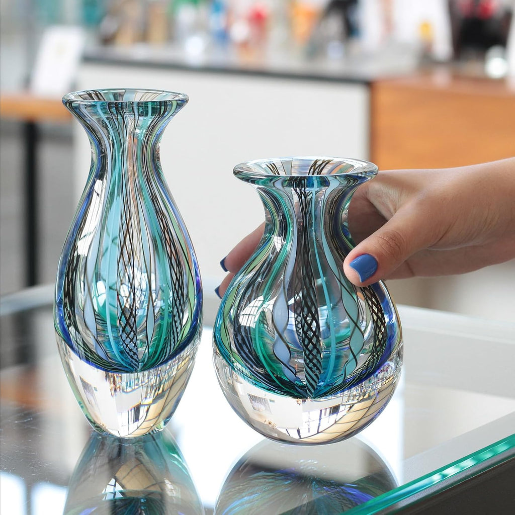 Murano Style Glass Vases Hand Blown Blue Canes Boho Effect Home Decor - Set of 2