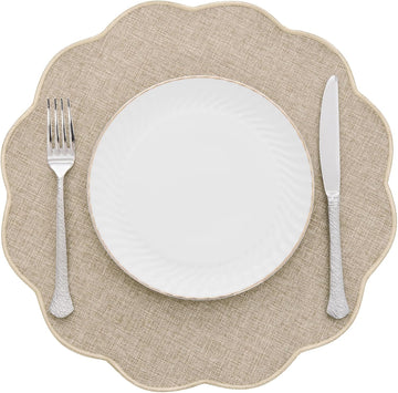 Scalloped Round Placemats Polyester Linen Blend 15 inch Washable Non Slip Place Mats Easy Clean Heat - Set of 6