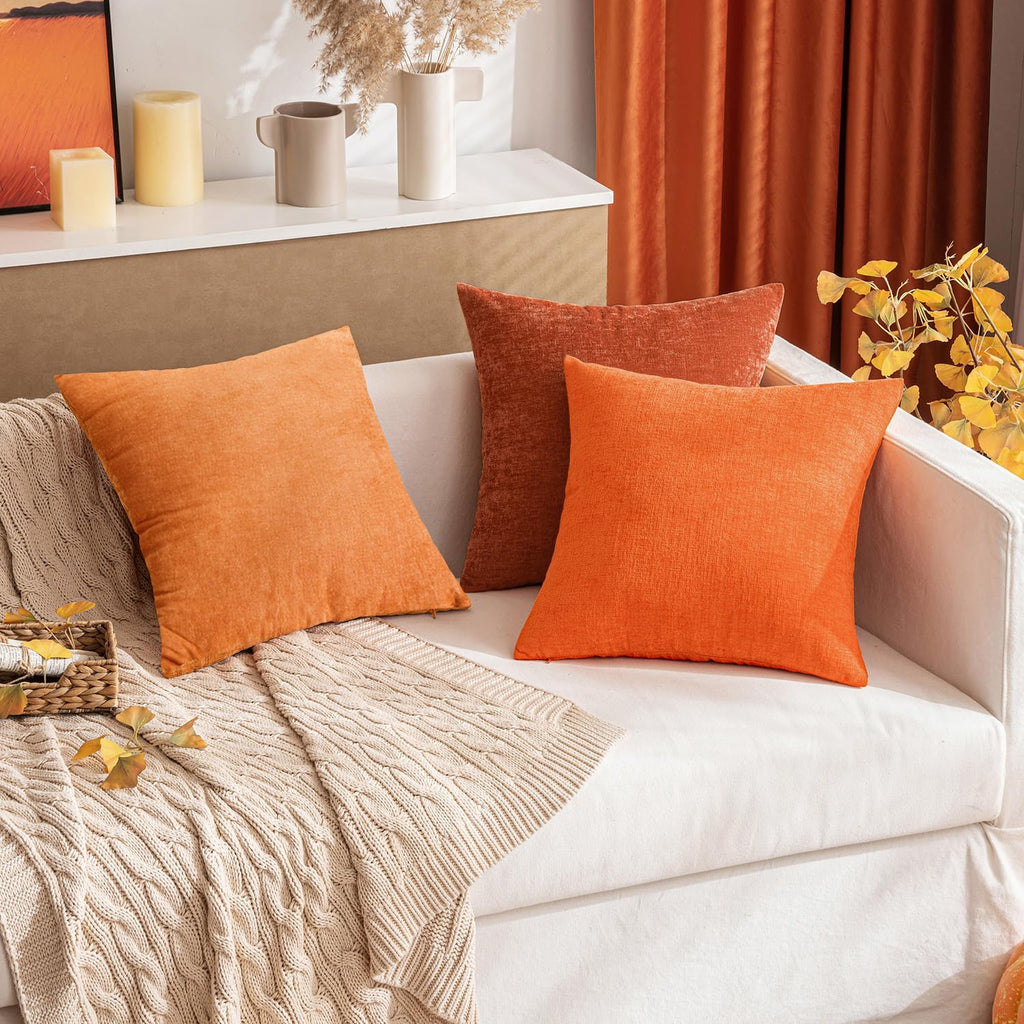Soft Chenille Fall Throw Pillow Covers Orange 20x20 Inch Pack of 2