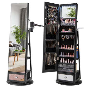360° Swivel Jewelry Organizer, Lockable Jewelry Armoire (Black)