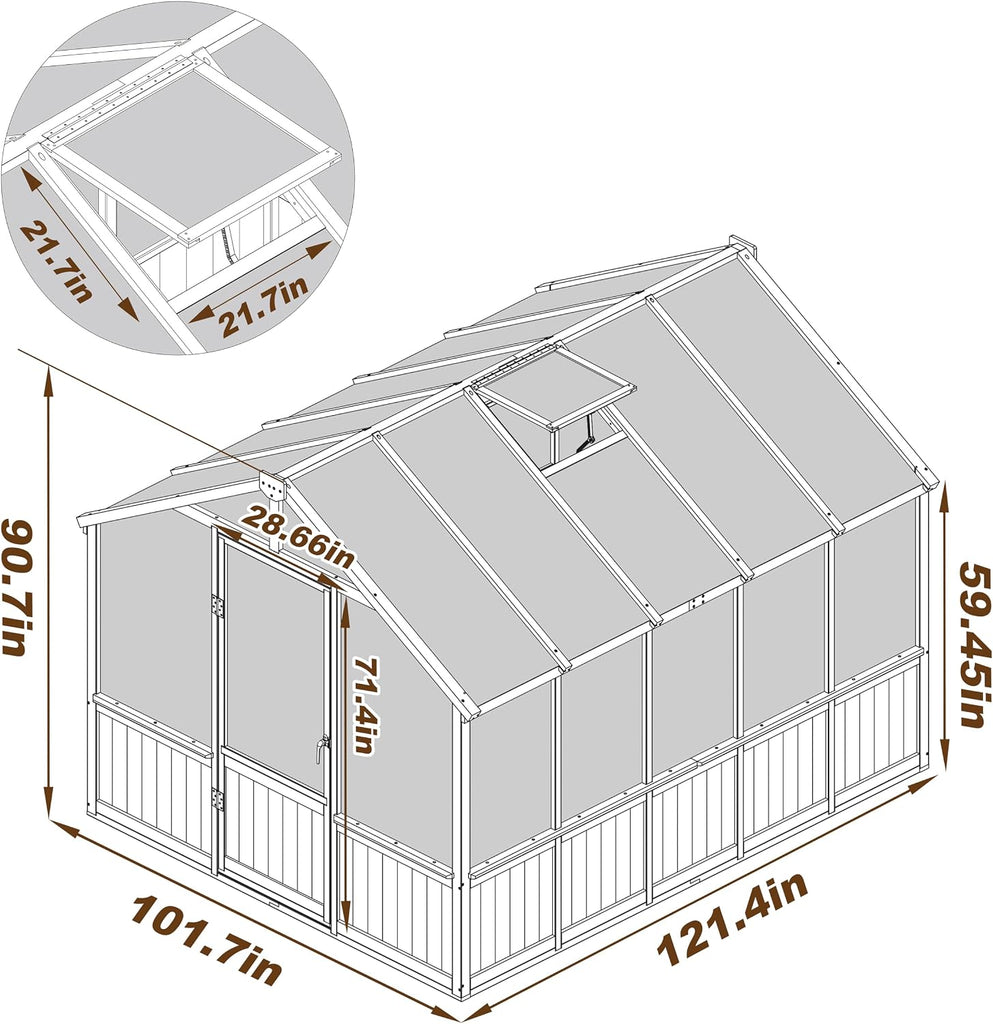 8x10 FT Greenhouse Kit with 6MM Thick Polycarbonate Panel for Outdoor, Wooden Walk-in Green House with Adjustable