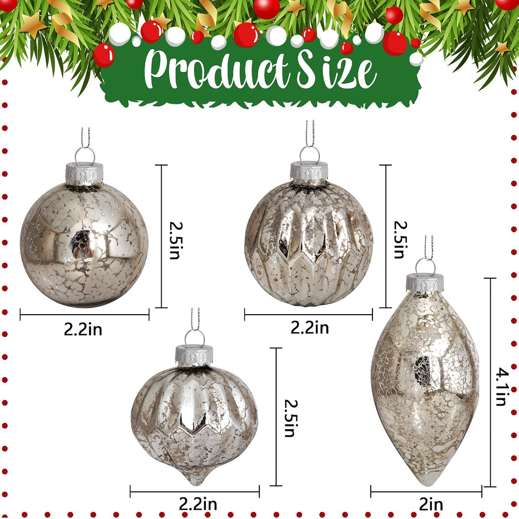 Mercury Glass Finials Christmas Ornament - Vintage Silver Hanging Ball - Set of 8