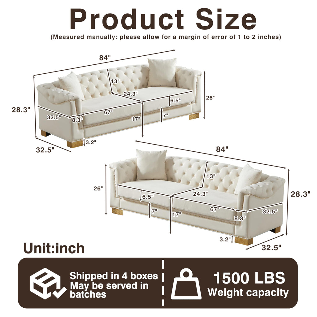 Modern Chesterfield Sectional Sofa, 3+3 Seater Combination Sofa with Rolled Arms, Button Tufted Back, Gold Studs - &
