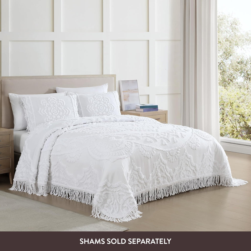 Lotus Medallion Twin Chenille Bedspread, 100% Cotton, White
