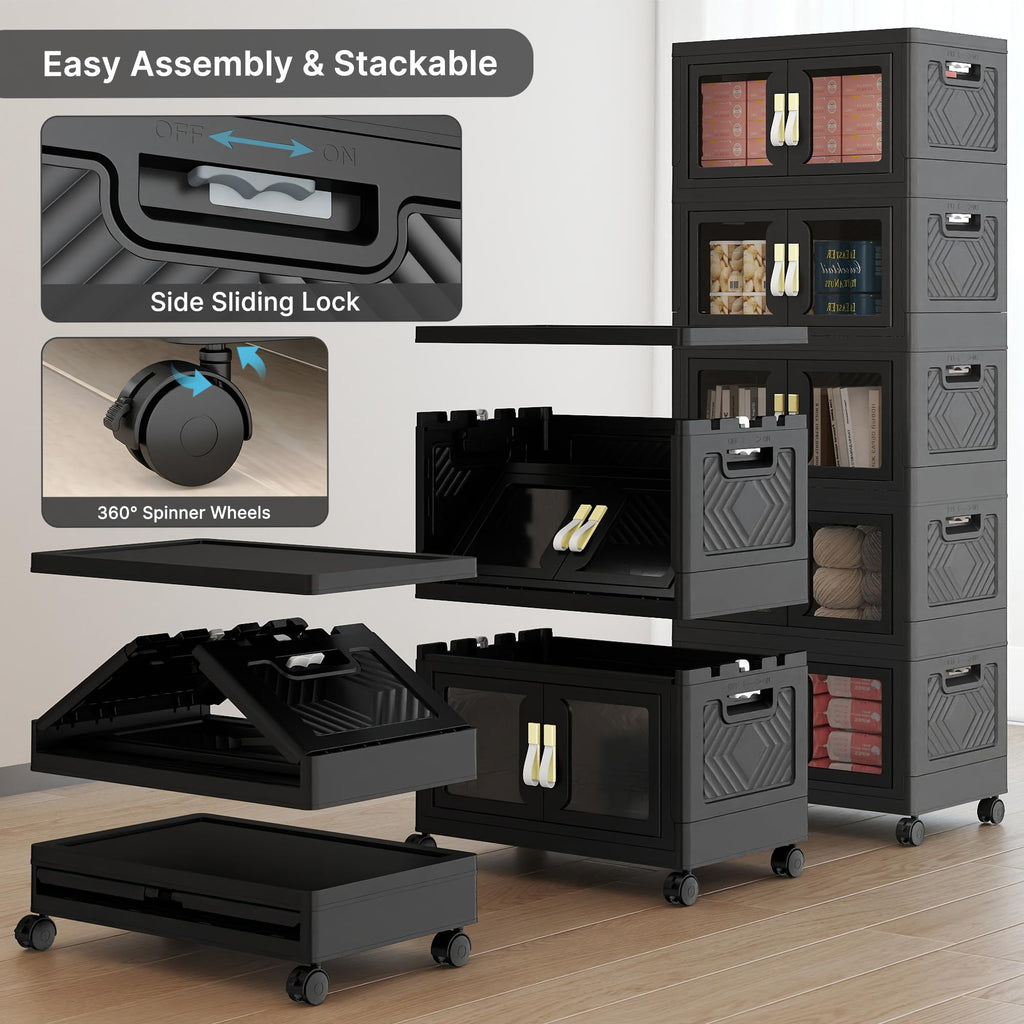 Stackable Storage Bins with Lids, Clear Doors, Large Storage Cabinet Foldable Collapsible Closet Organizers Dorm