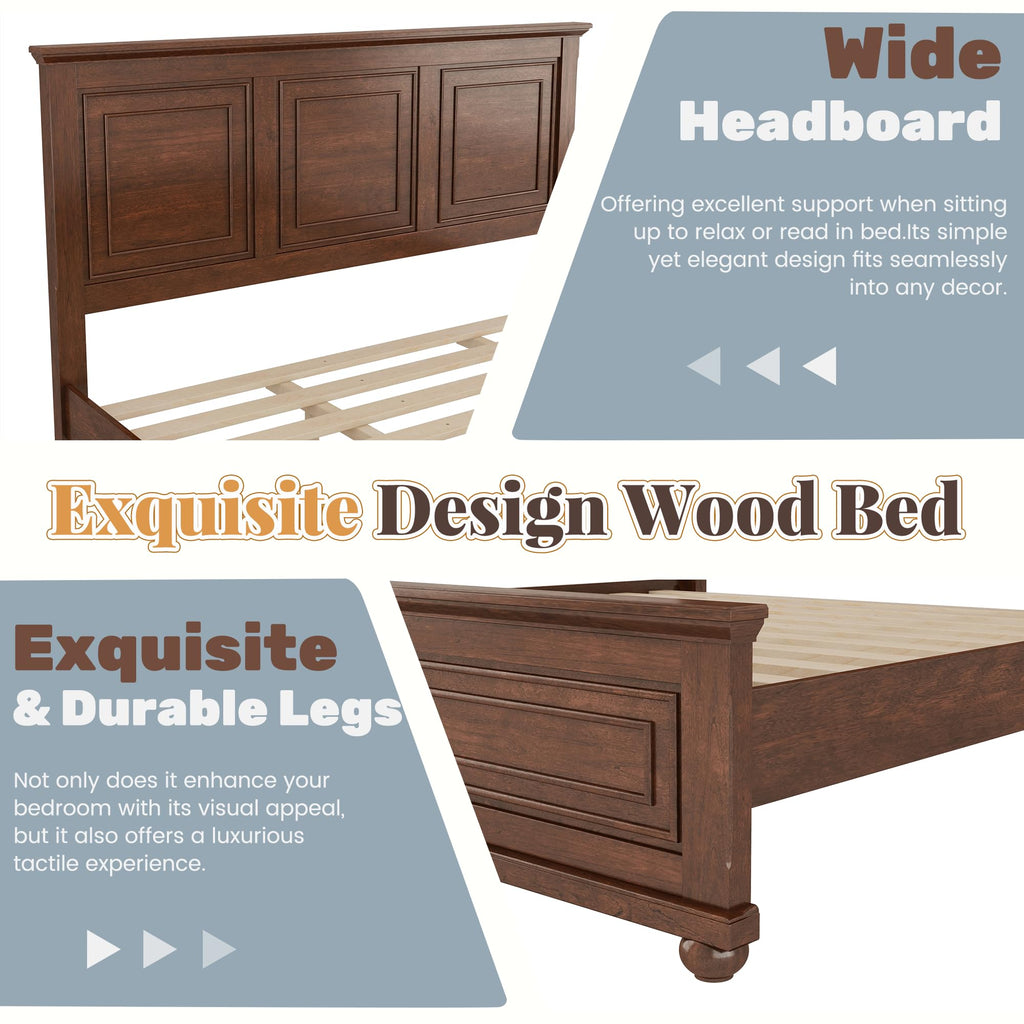Farmhouse Bed Frame Tall Headboard and Footboard, Pinewood Panel Bed with USB Charging Station and