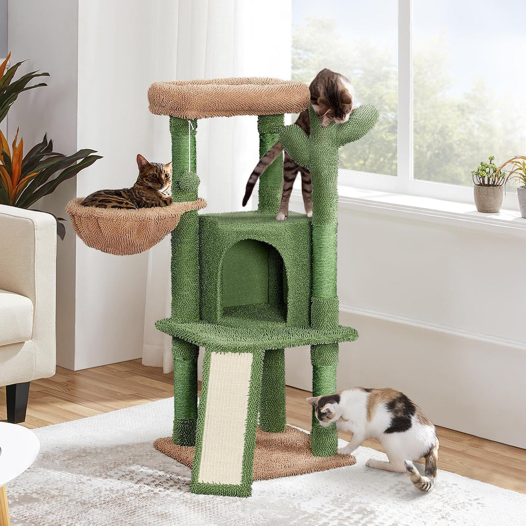 42in Green Cactus Cat Tree Tower with Scratching Posts and Condo