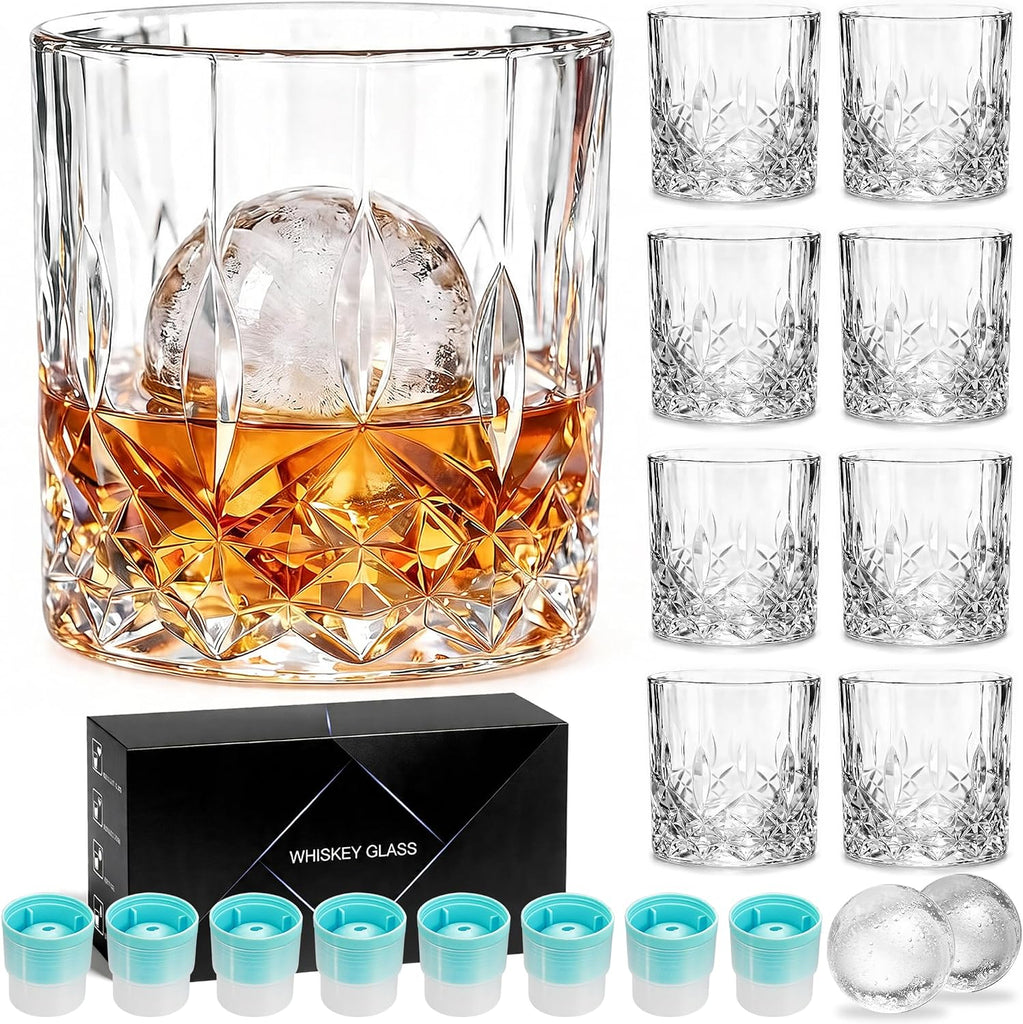 Whiskey Glasses, Set of 16 (8 Rocks Glasses 8 Whiskey Ice Ball Molds), 11 OZ Old Fashioned Glass for Bourbon Vodka