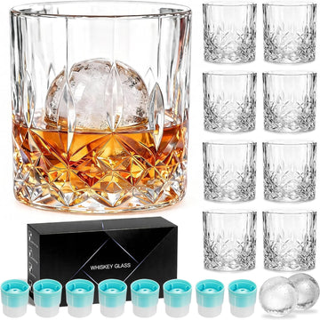 Whiskey Glasses, Set of 16 (8 Rocks Glasses 8 Whiskey Ice Ball Molds), 11 OZ Old Fashioned Glass for Bourbon Vodka