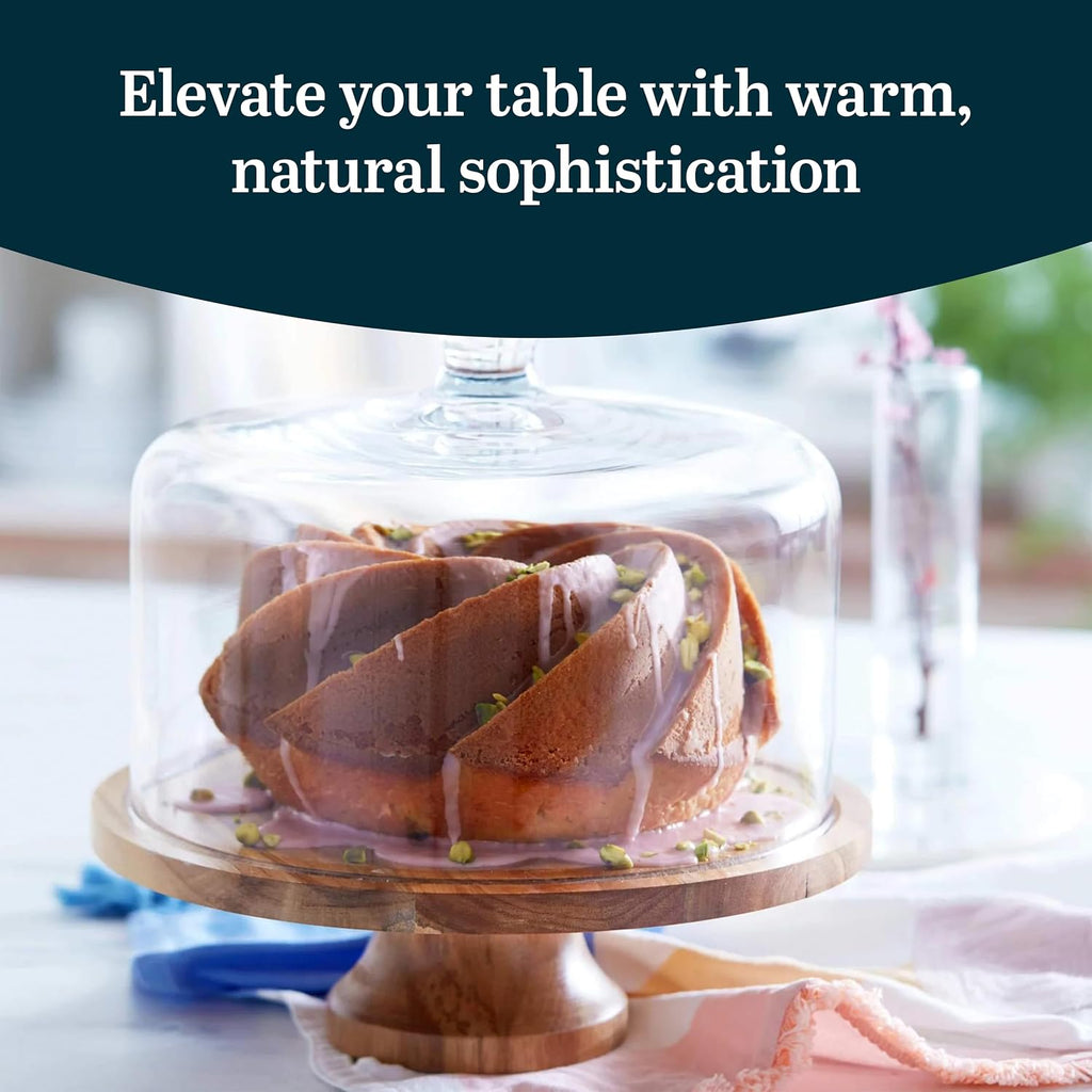 Acacia Wood Cake Stand with Glass Dome Lid, Footed Server - Set of 2