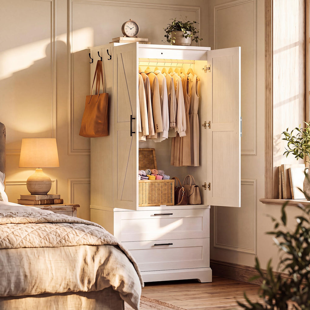 70.9" Wooden Armoire Wardrobe Closet with Sensor Light(White)