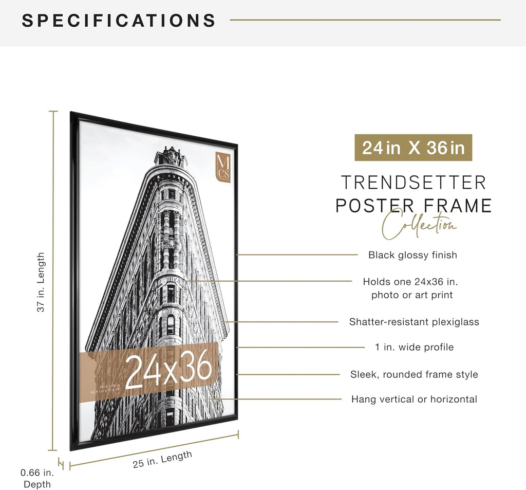 Trendsetter Poster Frame, 24x36, Black High-Gloss, 1-Pack | Trendsetter Poster Frame For Photos & Art Prints, Hangs