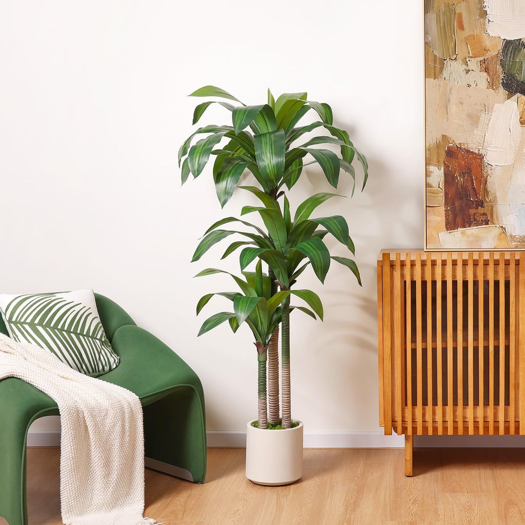Artificial Dracaena Tree 5ft, Tall Fake Dracaena Plants with White Planter, Faux Dragon Tree Indoor Floor Plant Decor