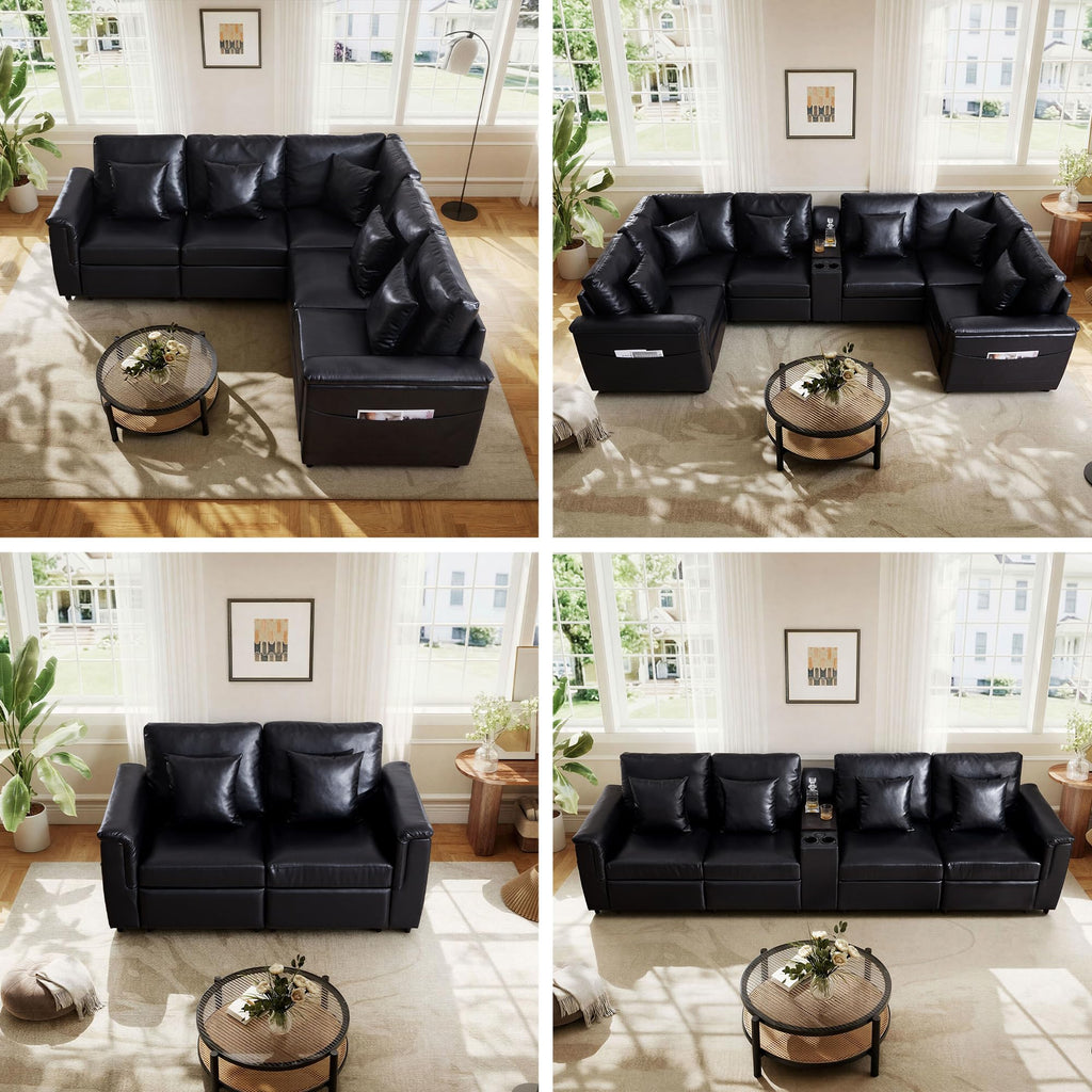 Faux Leather Sectional Sofa, Oversized L Shaped Modular Cloud Couch with Pillows, Modern 6 Seater Leather Couch