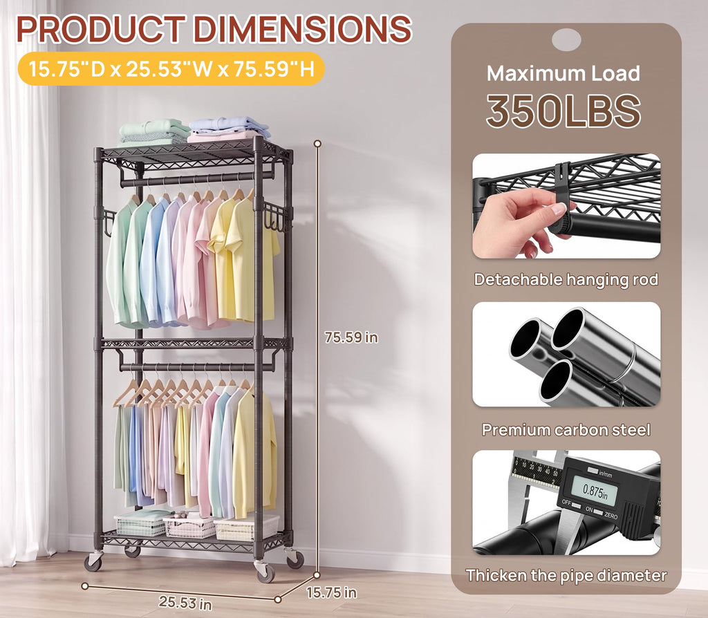 Double Rods Clothes Rack, Heavy Duty Clothing Rack on Wheels, Black