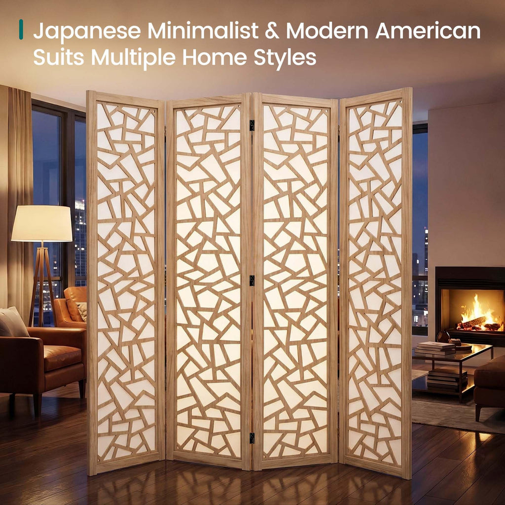 5.6FT Japanese Geometric Fabric 4-Panel Room Divider, Natural