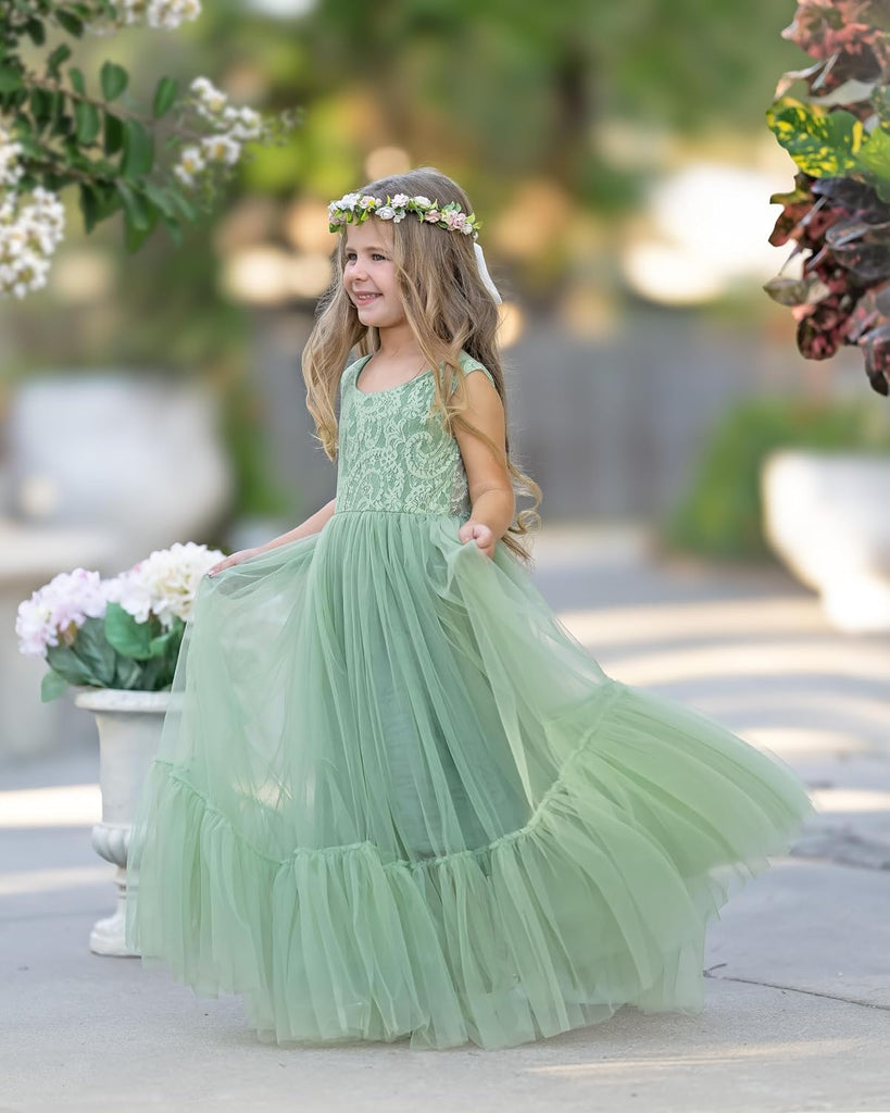 Flower Girl Dress Lace/Tulle Boho Toddler Dresses Ruffle Girl Dress for Wedding Garden Party Communion Beach