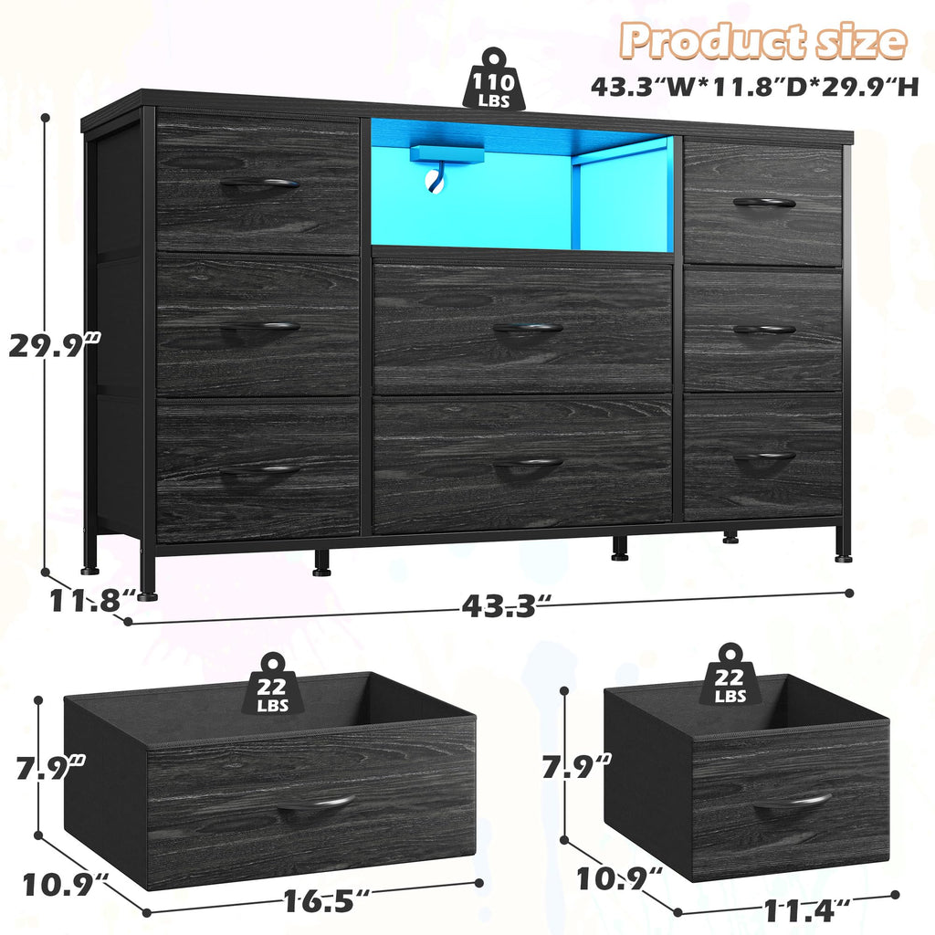 Dresser with LED & Charging Station, 8 Drawers Black