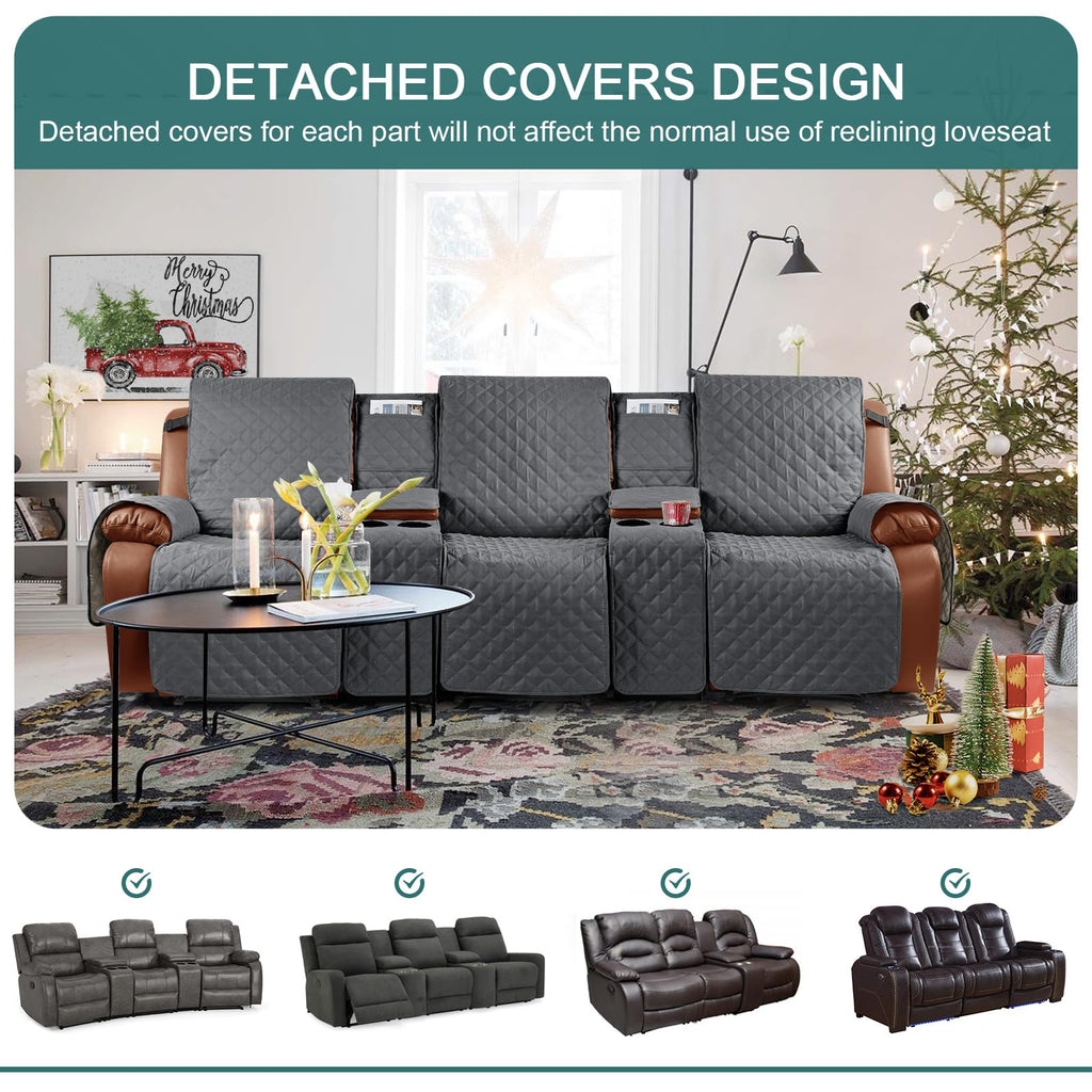Waterproof Recliner Sofa Cover with Console, Dark Grey