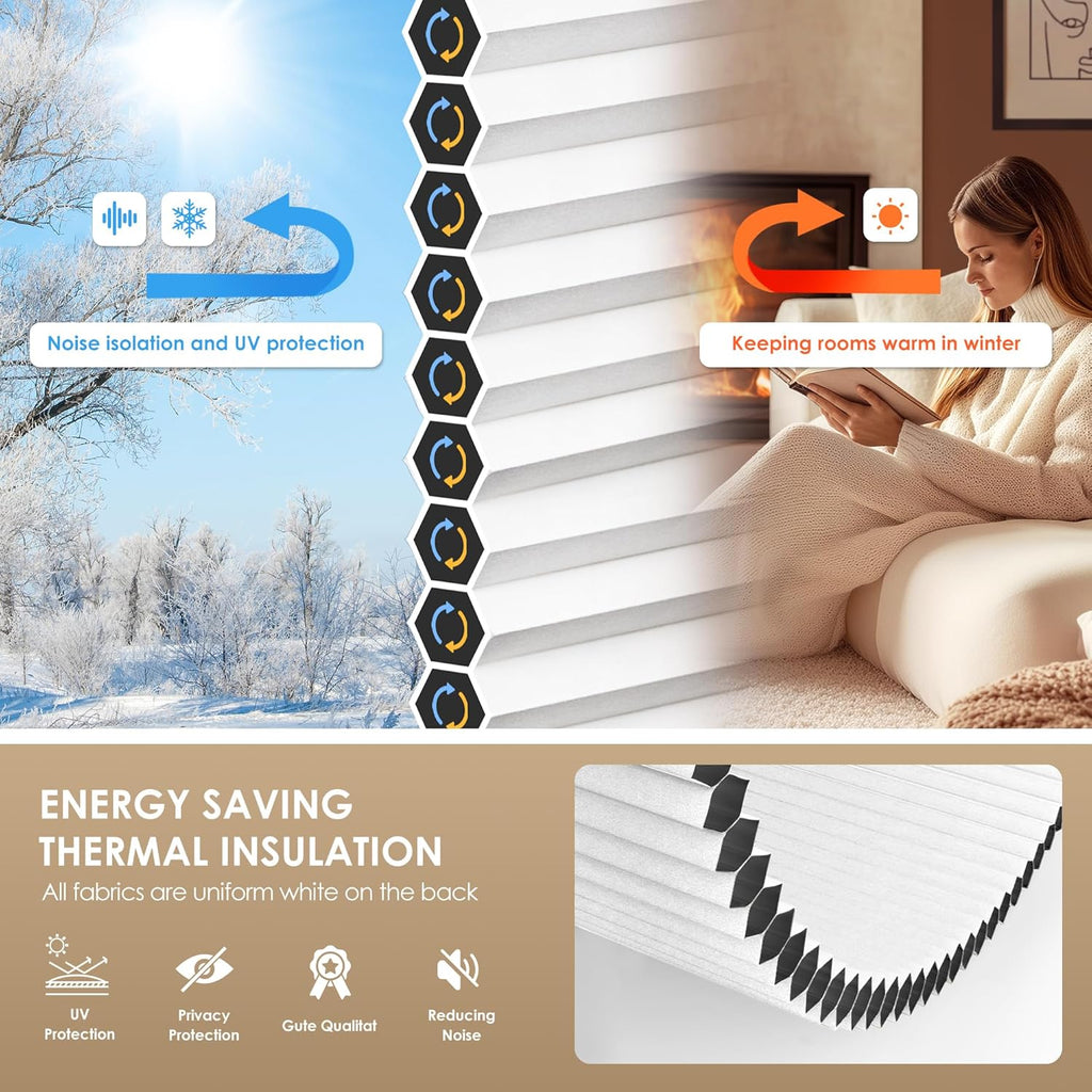 No Drill Cordless Cellular Shades, White | Blackout Fabric Protects Privacy, With Thermal Insulation & Noise