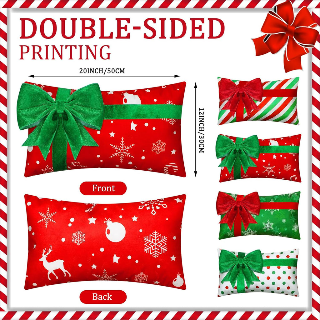 Christmas Pillow Covers 12 x 20 Inch Gift Box 3D Bows - Set of 4