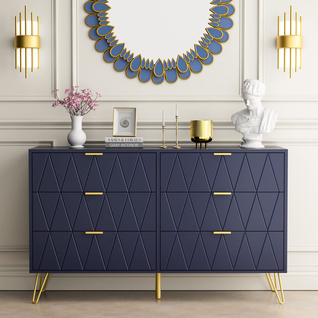 Navy Large Dresser 6 Drawer Dresser, Chest of Drawer with 6 Wide Drawers Wood Storage Cabinet Organizer with Metal