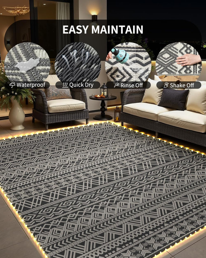 Outdoor Rug Carpet RV Camping with Led Strip Lights Waterproof Plastic Straw Rug Reversible Portable Outside