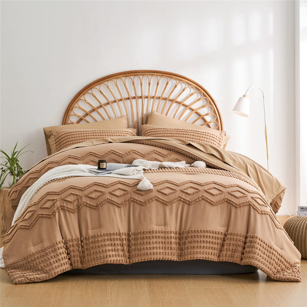 Tufted Boho Comforter Set, 7 Piece Bed in a Bag, Tan