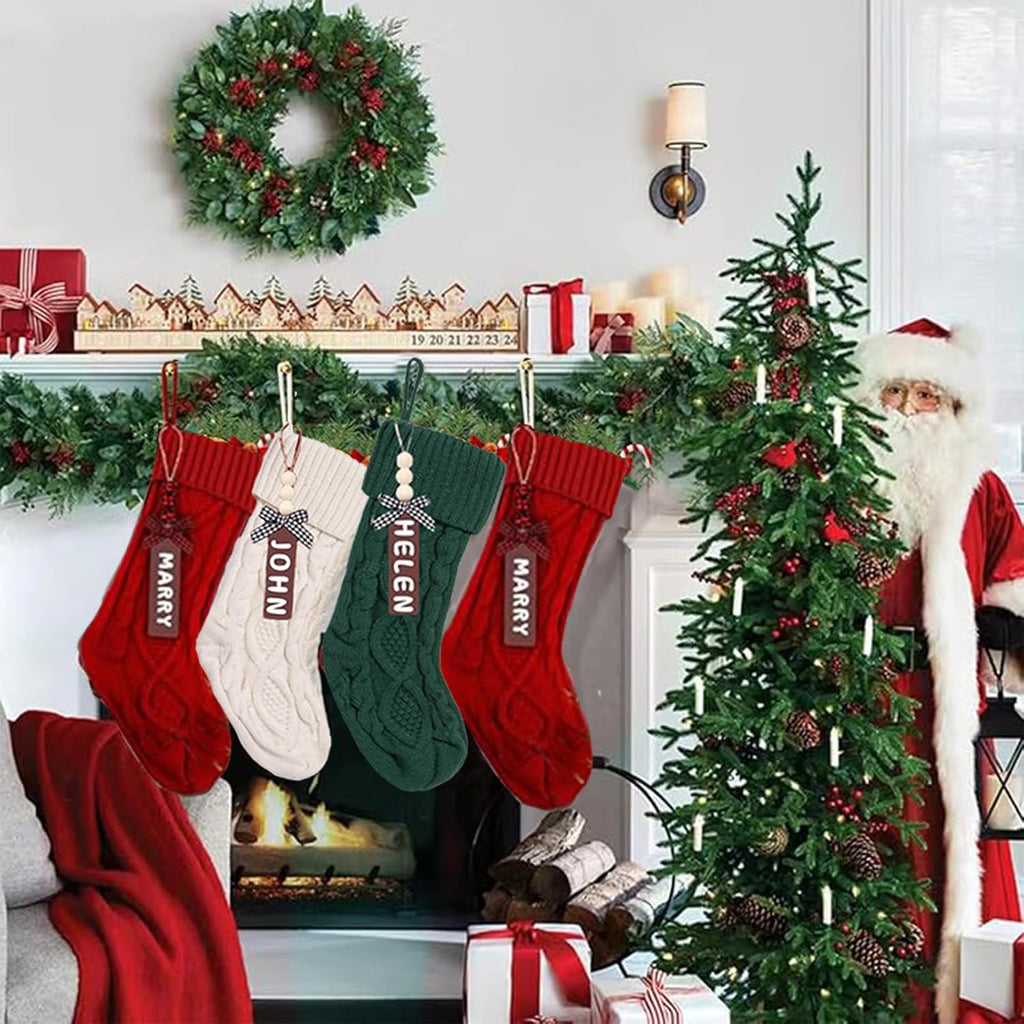 With Wooden Name Tags, 18" Xmas Cable Knitted Stocking - Holiday Hanging Decor Gifts for Family Party - Set of 6