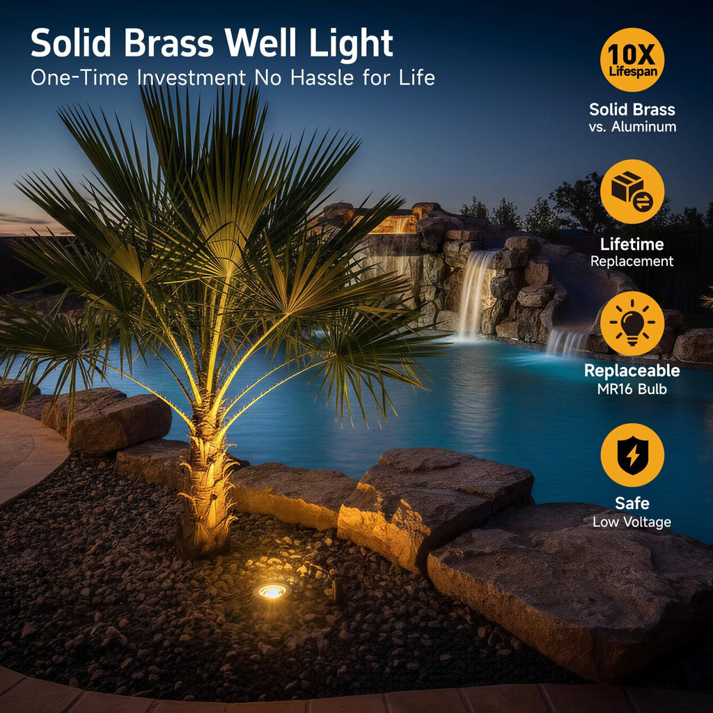 Brass Well Lights, 12V Low Voltage Wired 2700K In-Ground, 6PK