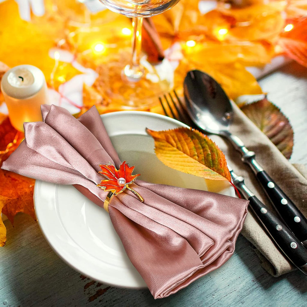Maple Leaves Napkin Ring Holders Fall Thanksgiving Autumn Leaf Napkin Buckle with Faux Pearl Metal Dinner Table - Set of 8