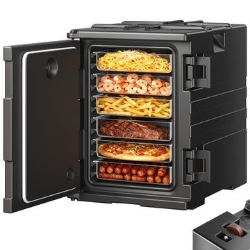 Insulated Food Pan Carrier, 95 Qt Hot Box for Catering, LLDPE Food Box Carrier w/Double Buckles, Front Loading Food