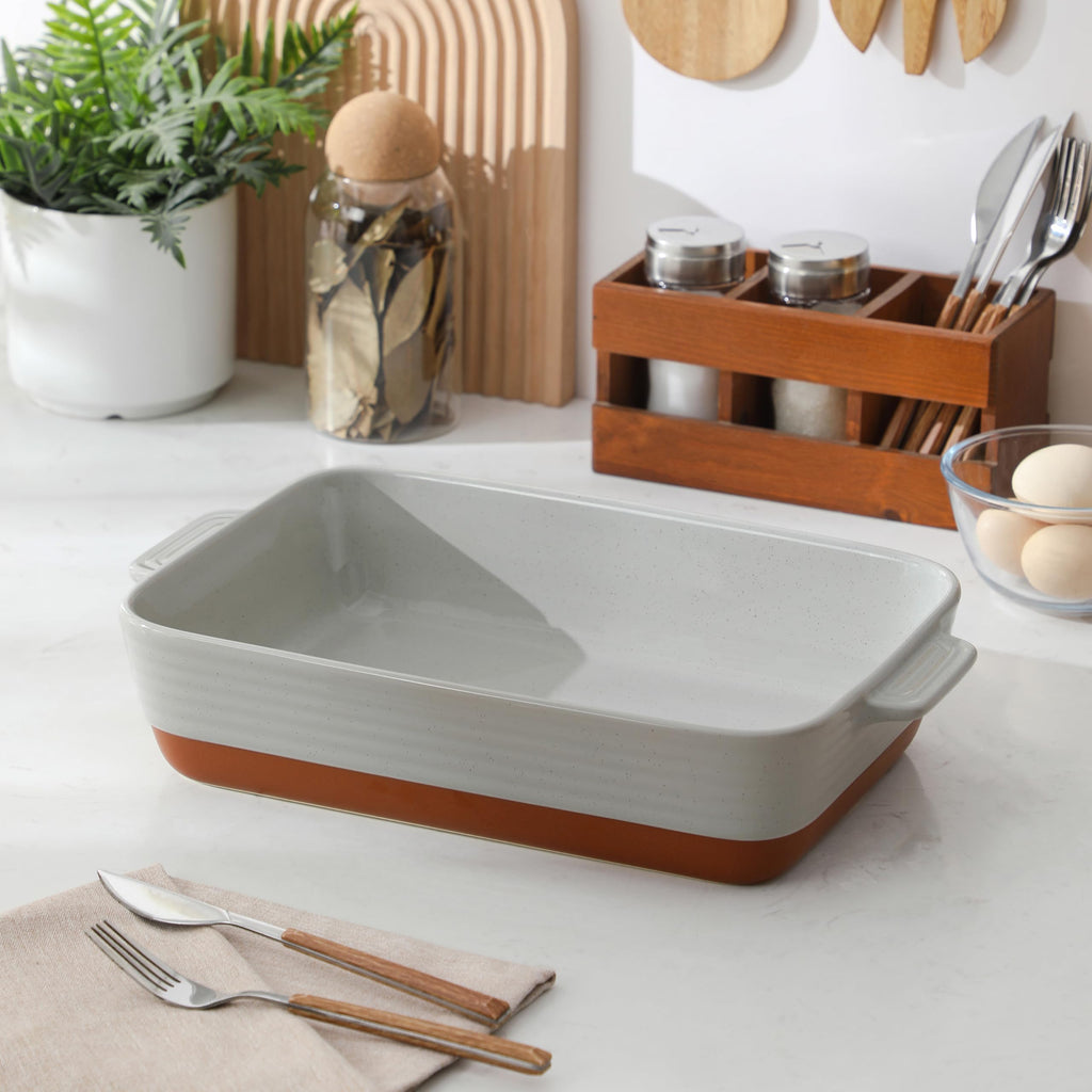 Large 9x13 Ceramic Baking Dish with Handles, 4.8 Qt, Khaki & Grey