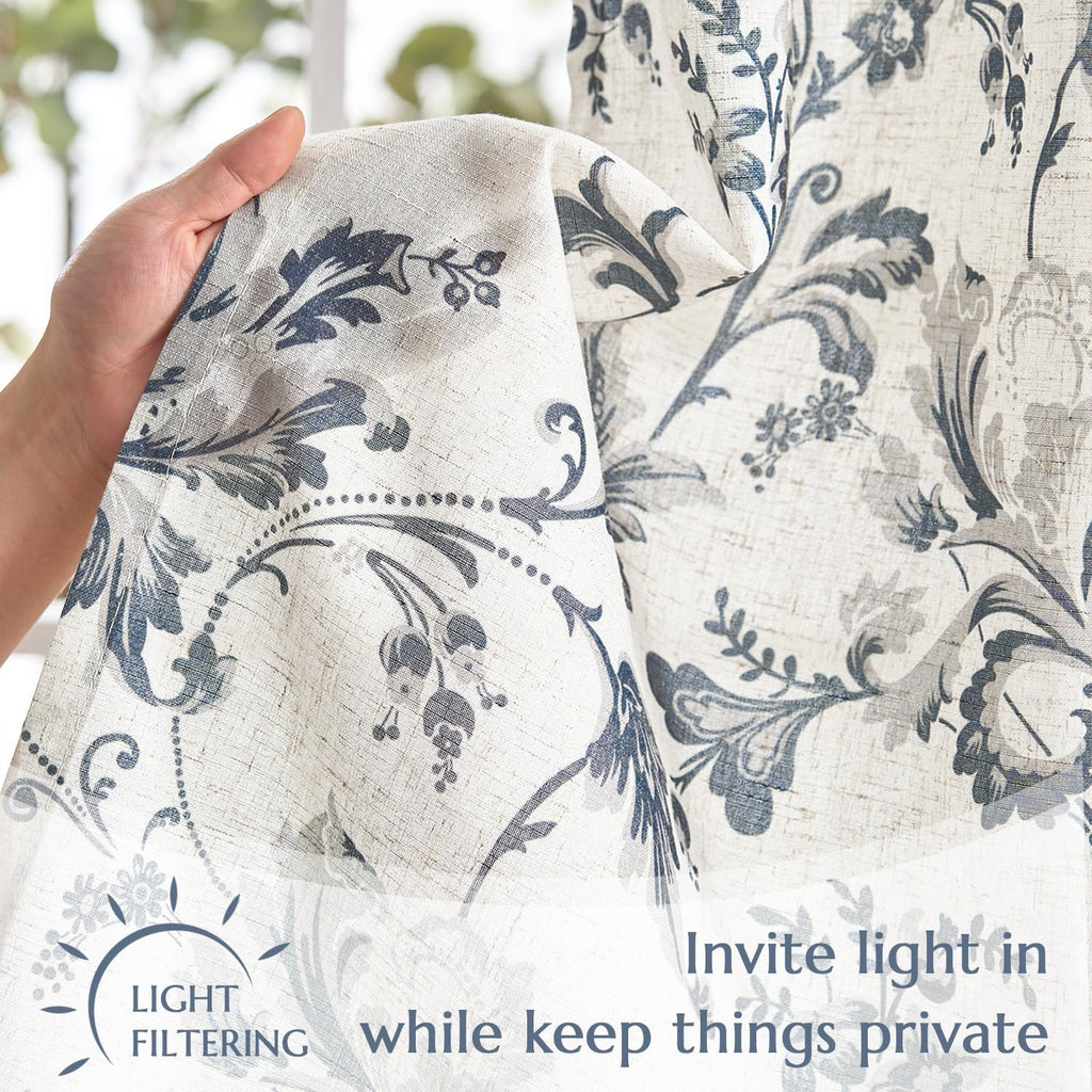 Tie Up Valance Curtain Floral Linen for Windows Farmhouse 45 Inch Damask Printed Short Window Treatment Adjustable