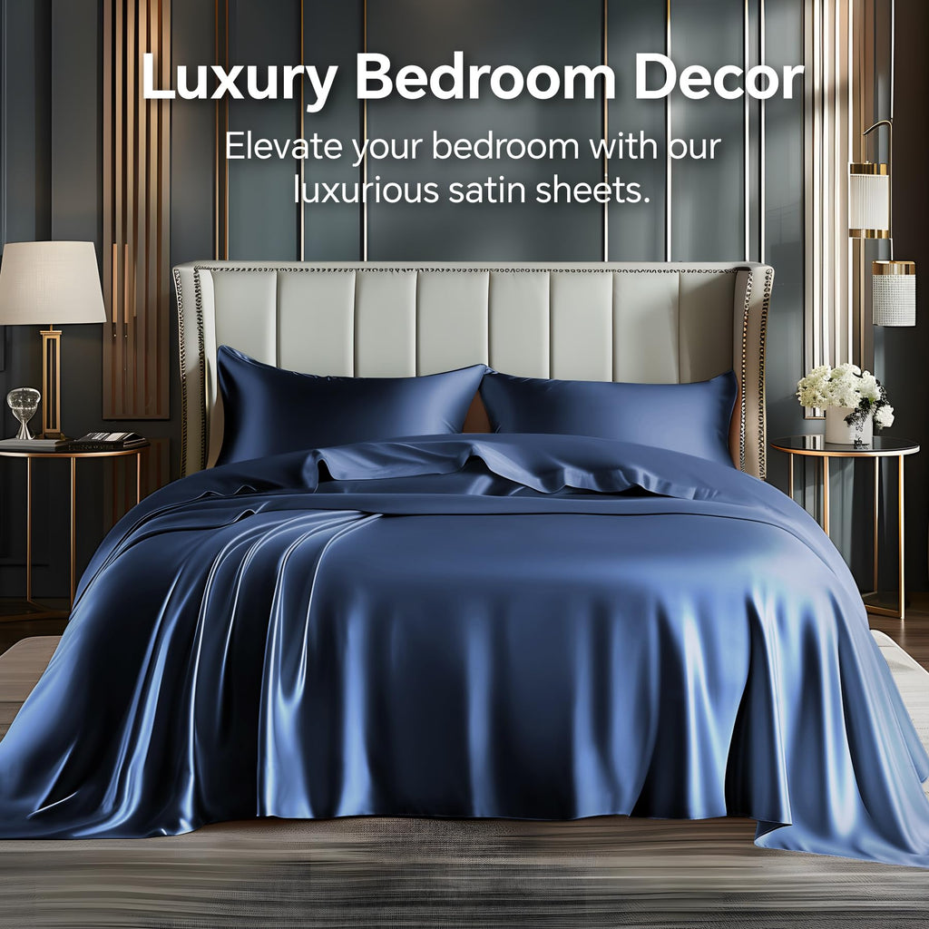 Satin Sheets King Size Bed Set, Navy, 4 Pieces