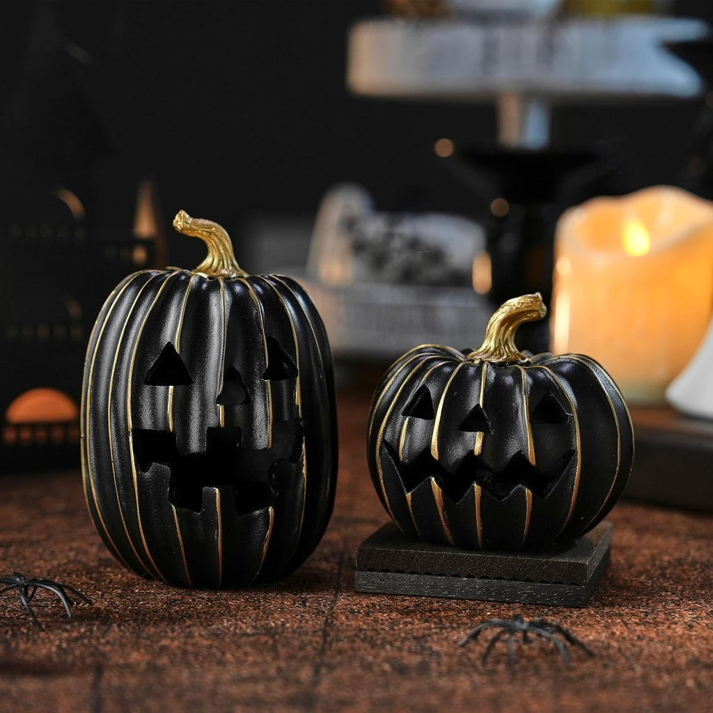 Light Up Black Jack O Lantern Pumpkins Halloween Decor - Set of 2